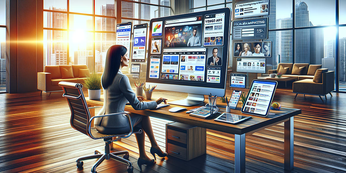 Woman working on multiple screens in modern office.
