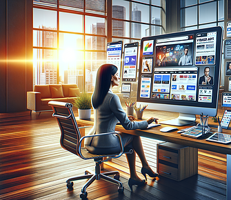 Woman working on multiple screens in modern office.