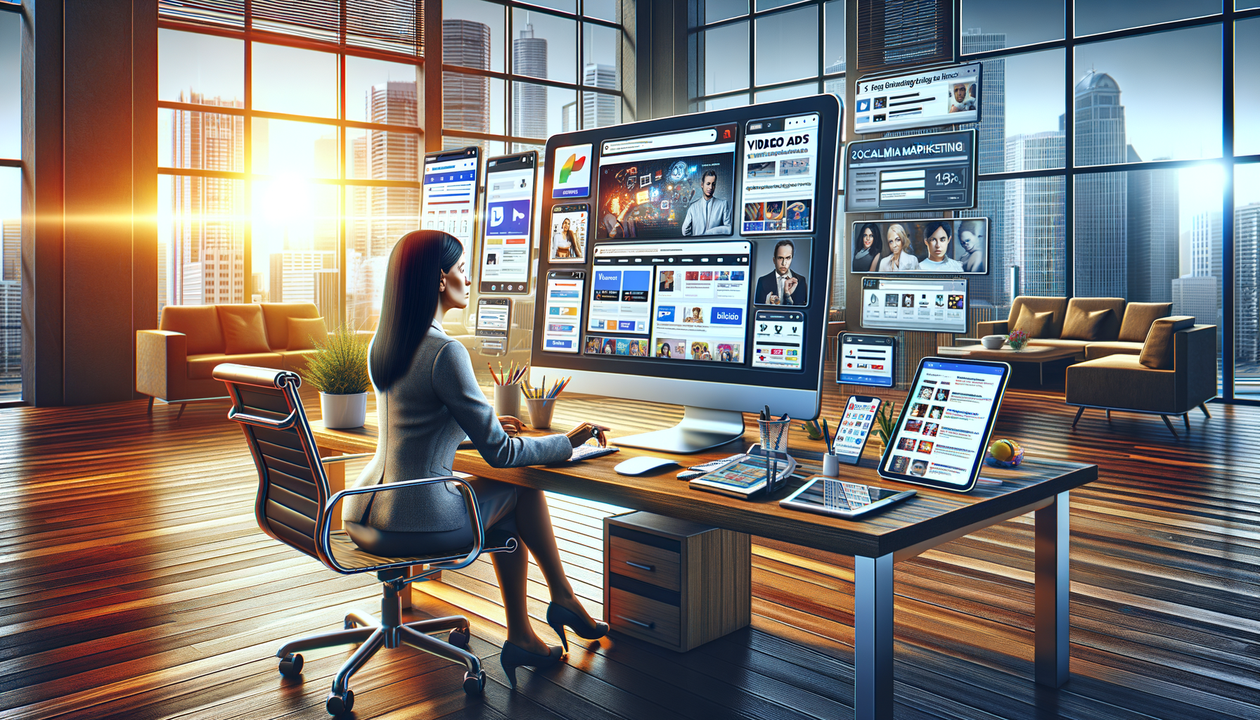 Woman working on multiple screens in modern office.