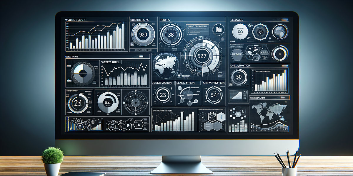 Computer displaying various data analytics dashboards.