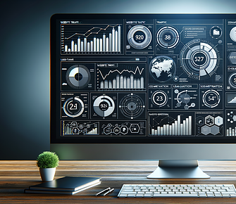 Computer displaying various data analytics dashboards.