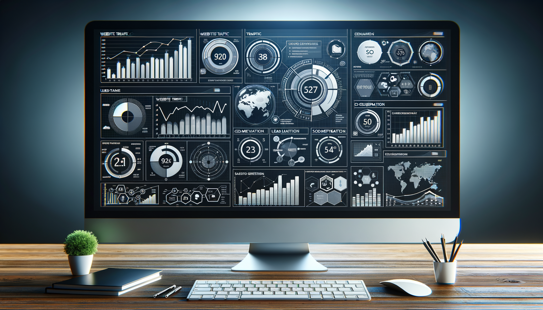 Computer displaying various data analytics dashboards.