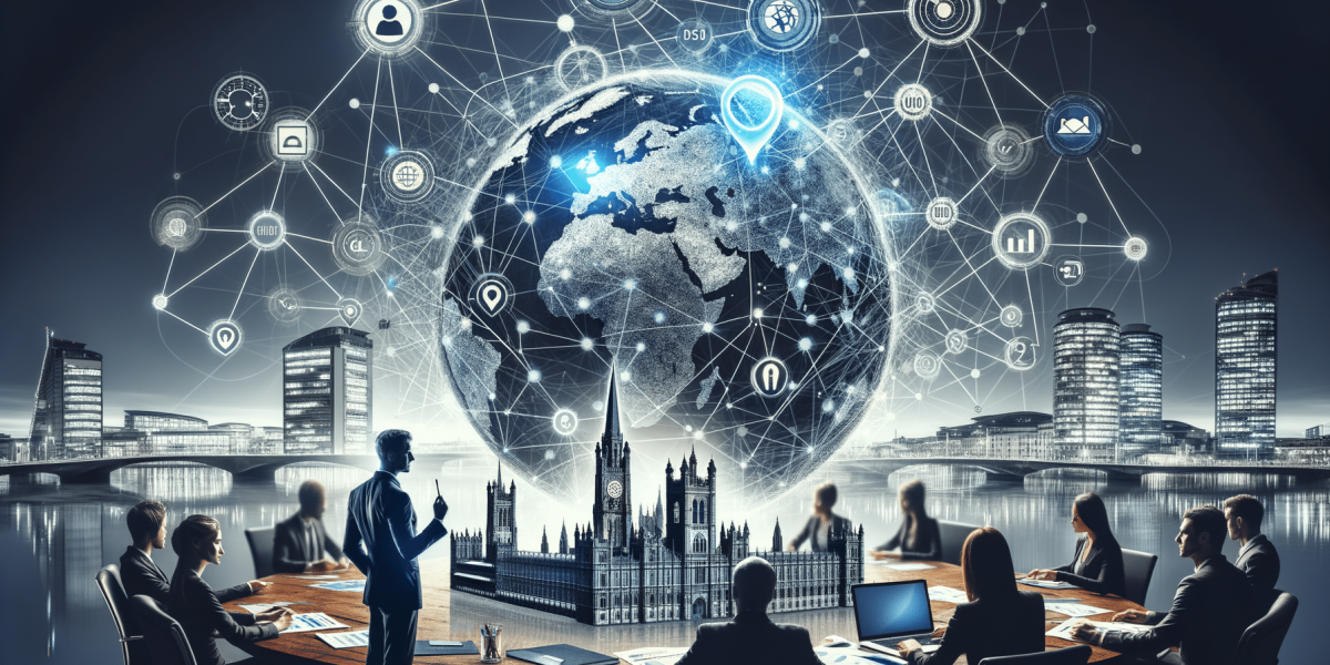 Global business meeting with digital network and London landmark.
