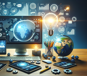 Digital workspace with holograms and technology devices.