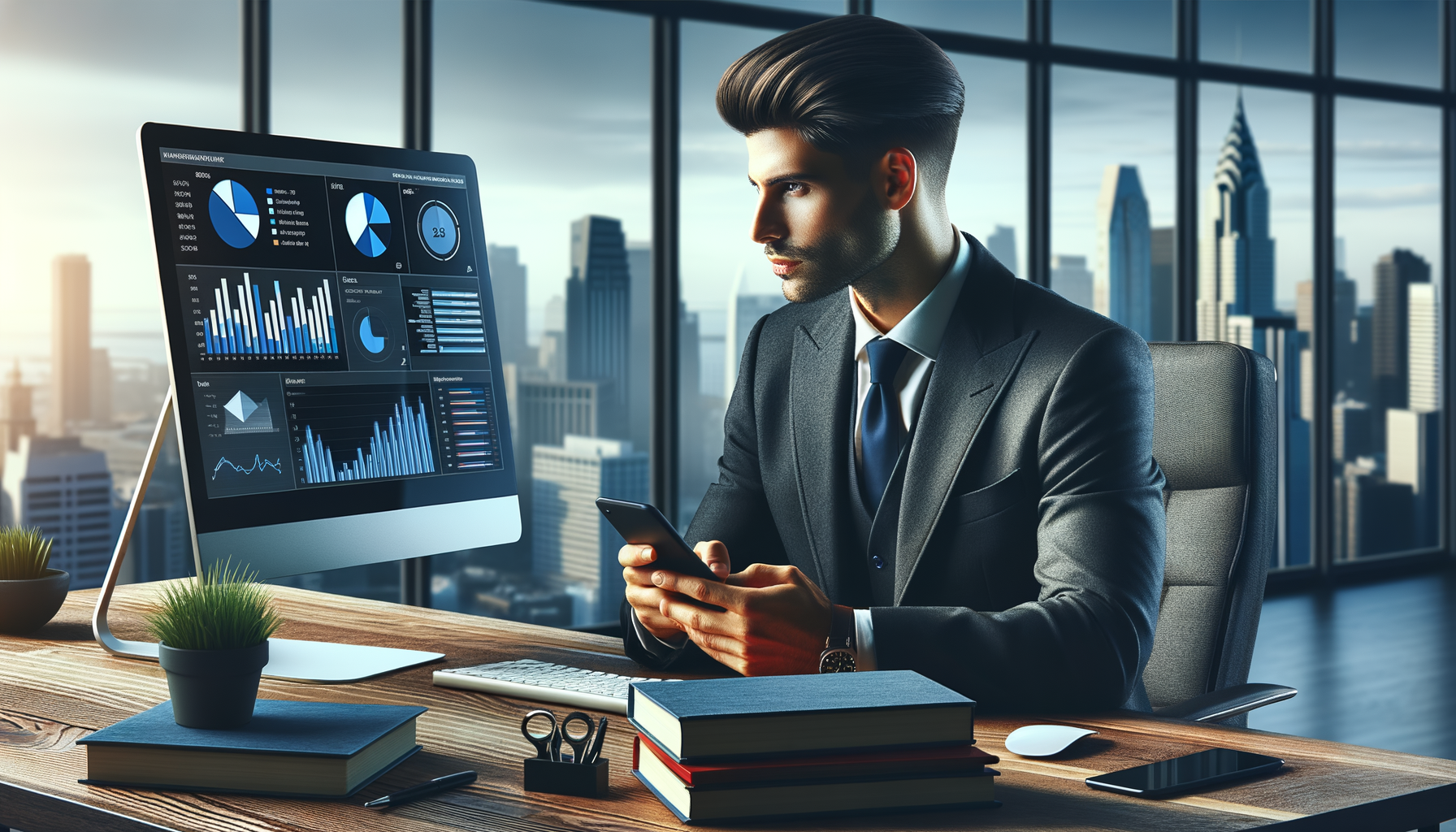 Businessman analysing financial charts in city office.