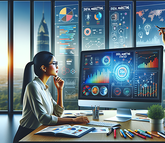 Professionals analysing digital marketing data on screen.