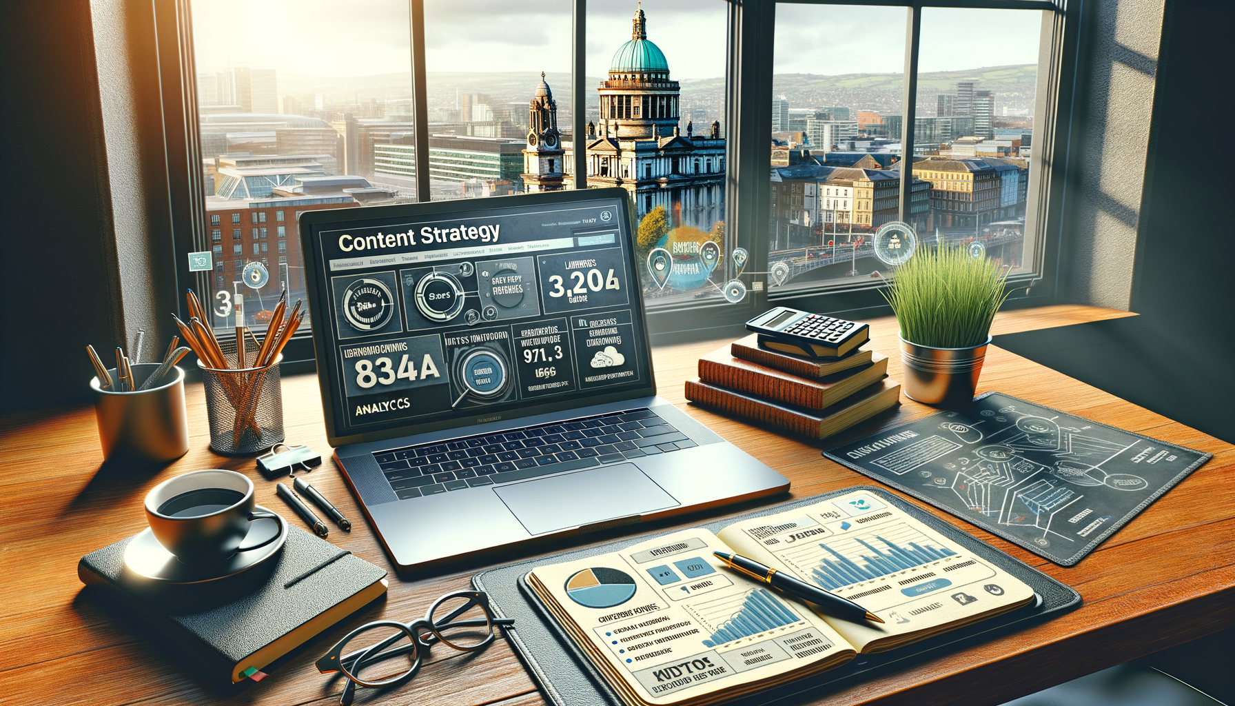 Office desk with content strategy analytics on laptop.