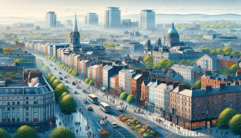 Illustrative cityscape of a bustling street, buildings, buses and pedestrians.