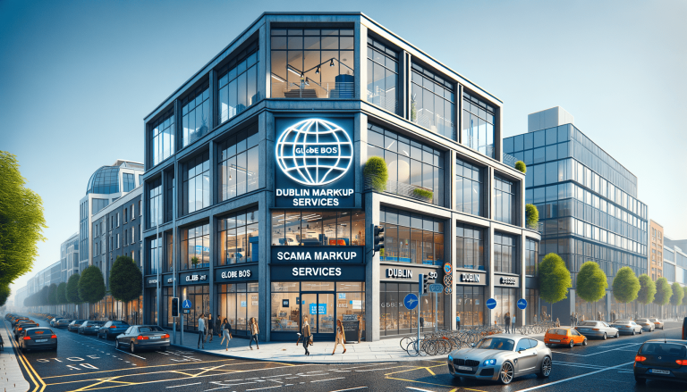 Dublin street scene with modern office building and traffic.