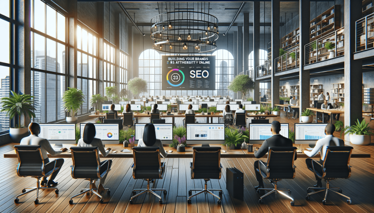 Modern open-plan SEO office with people working on computers.