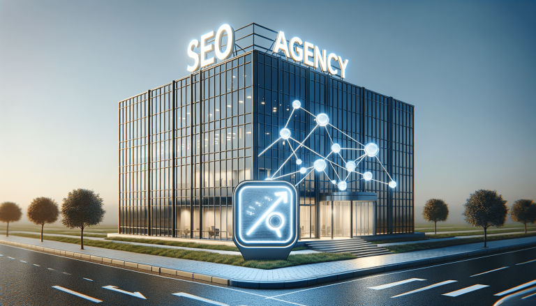 SEO Agency building with digital network and growth icon.