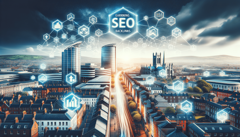 City skyline with digital network and 'Earning SEO Backlinks'.