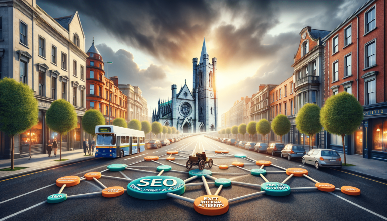 SEO network on busy UK street, leading to grand cathedral.