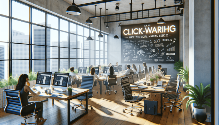 Workers in modern open-plan office with city skyline, blackboard.