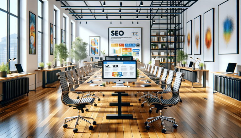 Modern office conference room with SEO screens and decor.