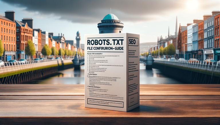 ROBOTS.TXT SEO guide on wooden table, riverside city background.