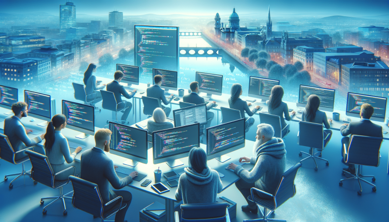 People coding on computers, overlooking a futuristic, digital city.