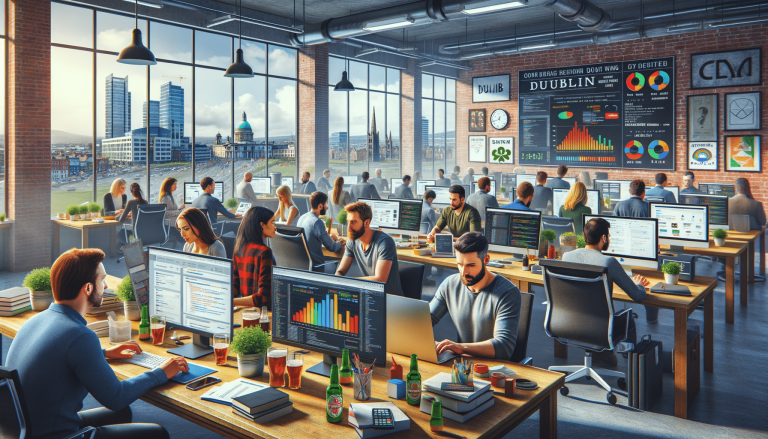 Busy modern office with professionals working on computers, city view.