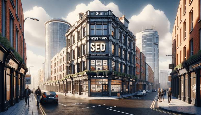 Urban street with prominent SEO building and people walking.