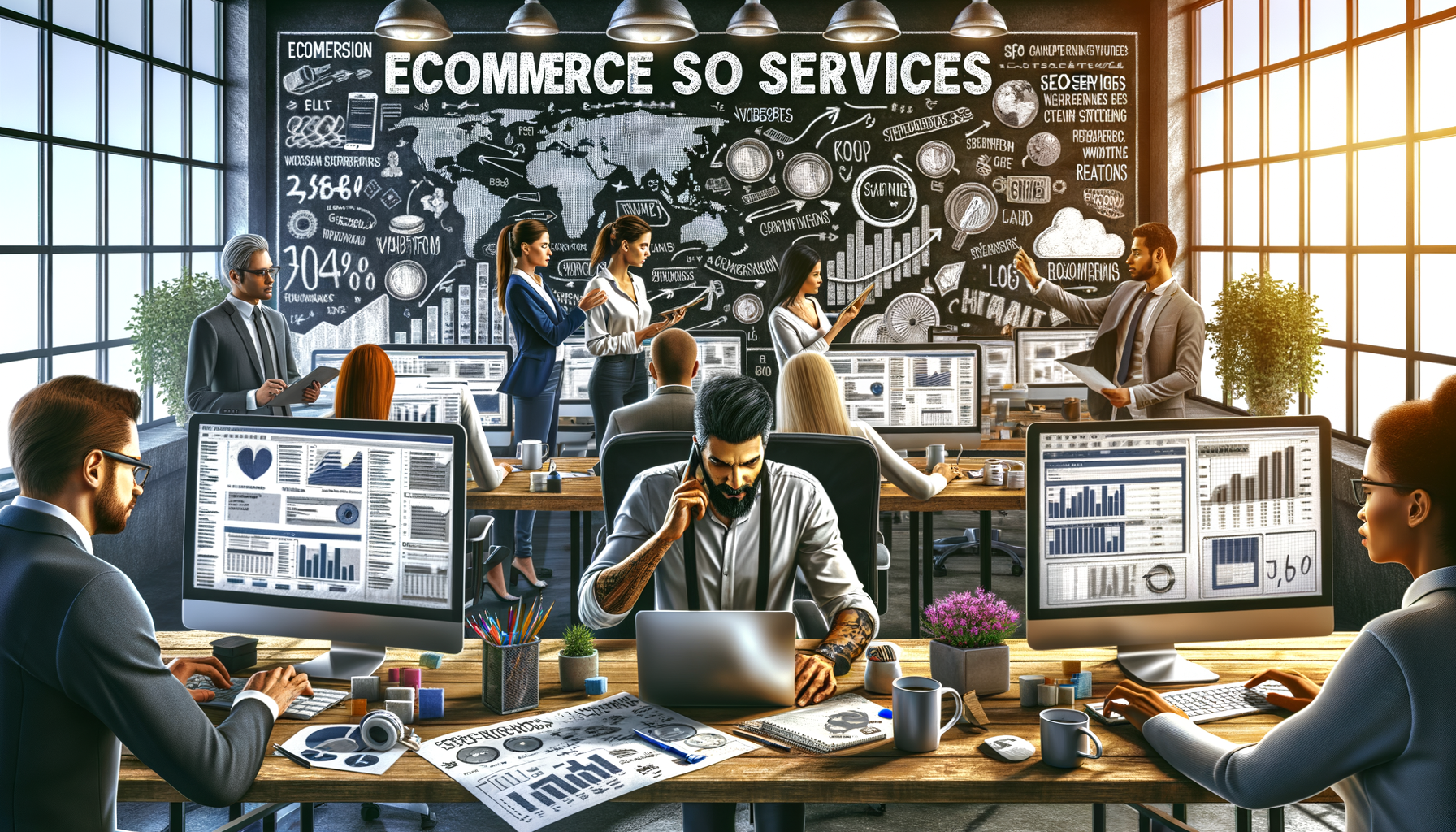 Team collaborating in eCommerce digital office workspace.