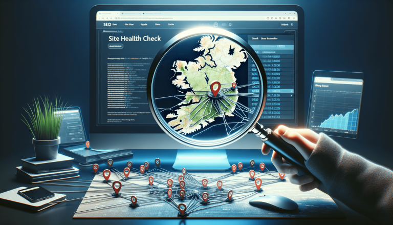 SEO site health check with map of UK/Ireland locations.