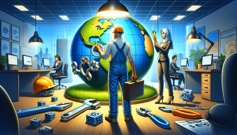 Business people optimising a world globe with SEO tools.