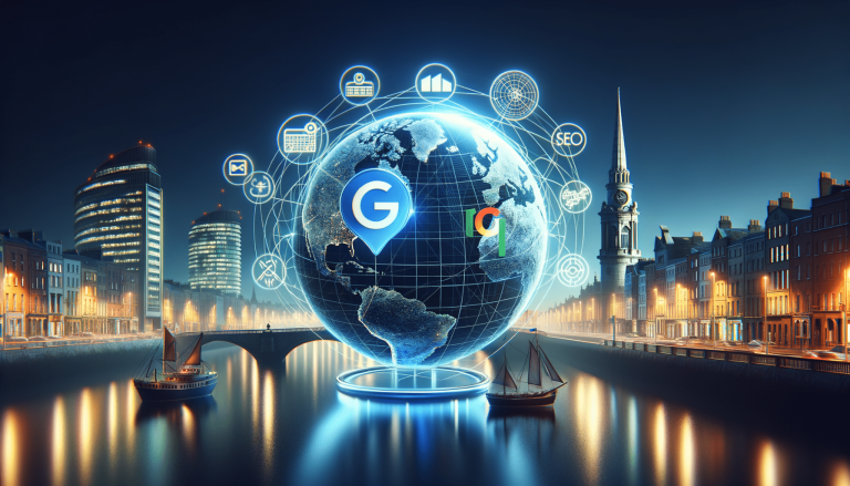 Global digital marketing and SEO strategy with Google in cityscape.