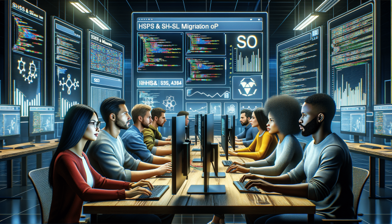 Diverse team collaborating on data and code in a high-tech room.
