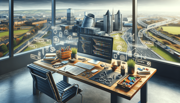 High-tech desk overlooking city, showing code and digital projections.