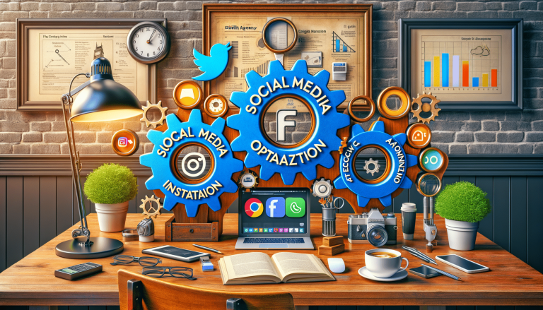 Social media optimisation concept with gears, laptop on desk.