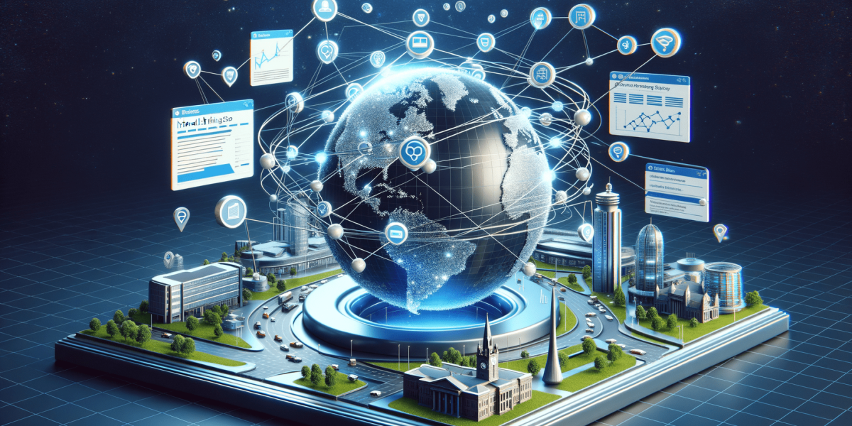Interconnected digital world and smart city with data visualizations.