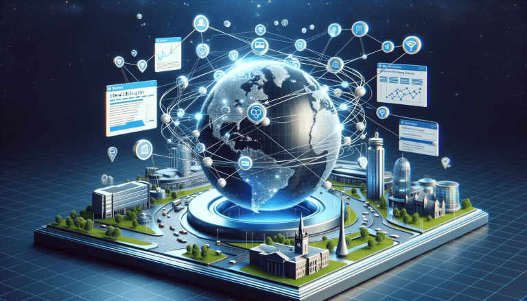 Interconnected digital world and smart city with data visualizations.