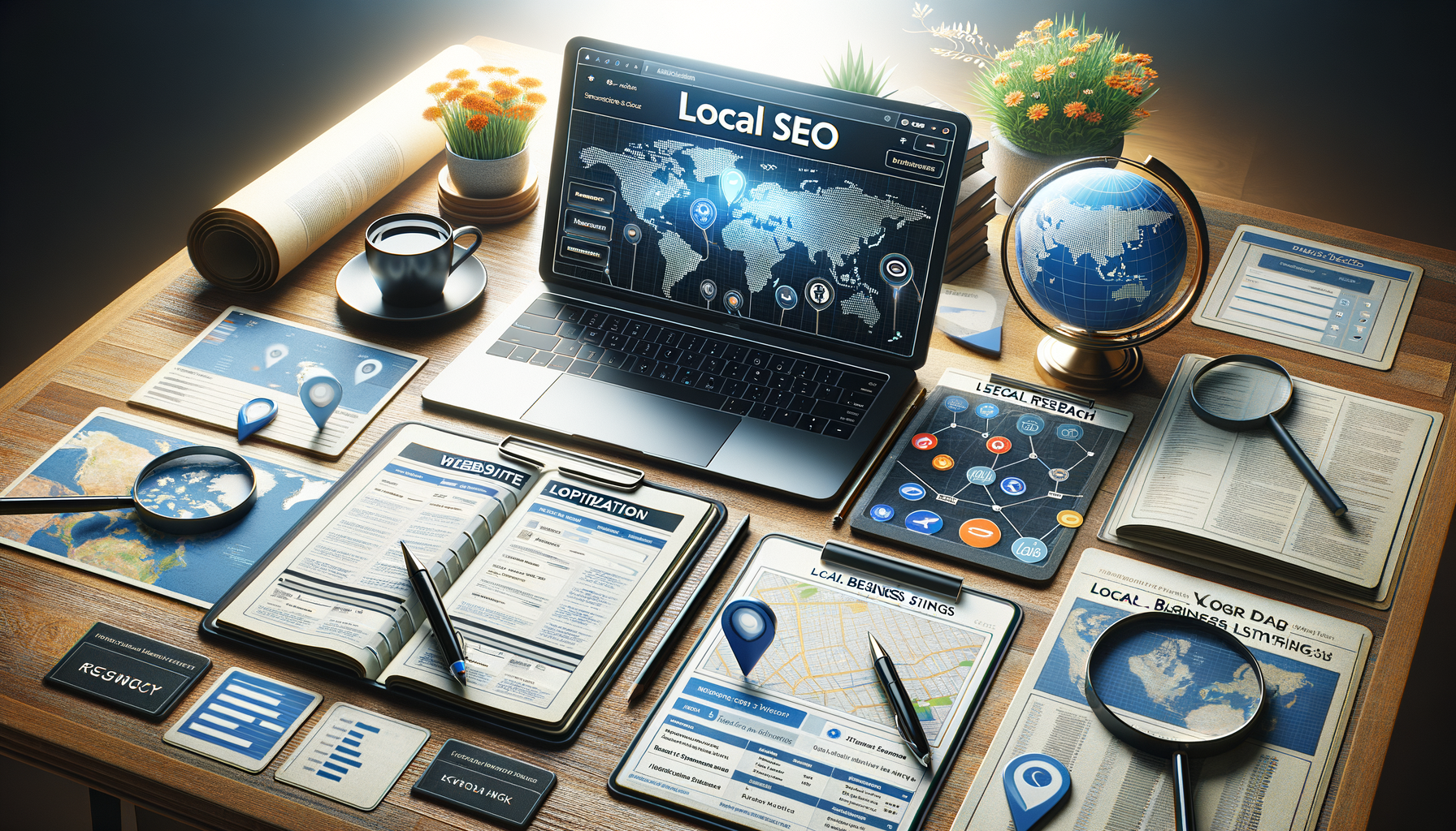 Local SEO tools on office desk setup.