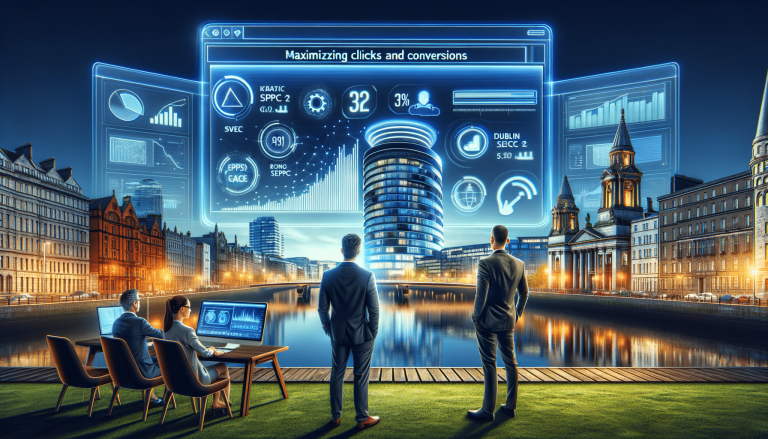 Business people analysing holographic marketing data over city.