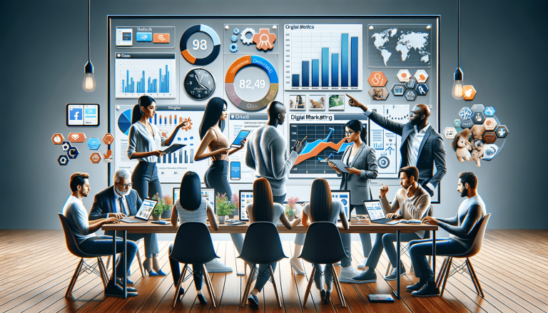 Digital marketing team analysing data visualisations on screen.