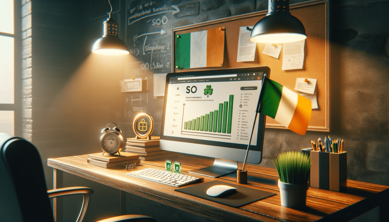 Irish-themed desk with computer displaying shamrock and green graph.