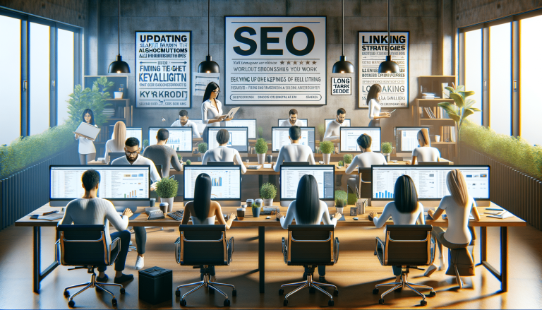 Busy SEO agency office with people working on computers.