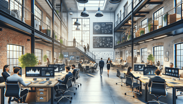 Modern open-plan office with professionals working on computers.