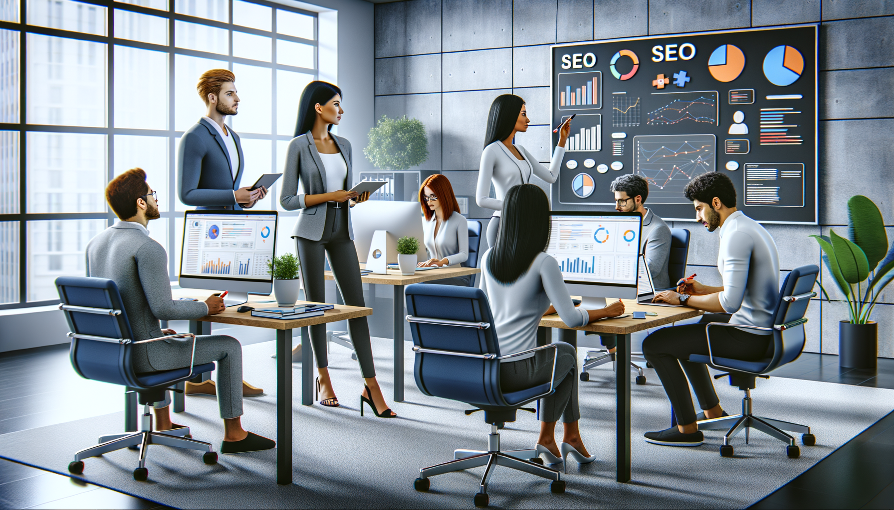 Team discussing SEO strategies in modern office.