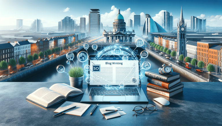 Laptop with 'Blog Writing' in a vibrant digital city setting.