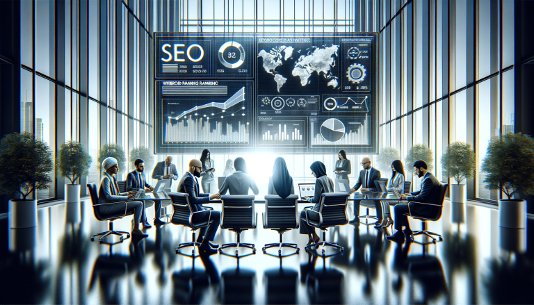 Modern boardroom with professionals viewing large SEO analytics display.