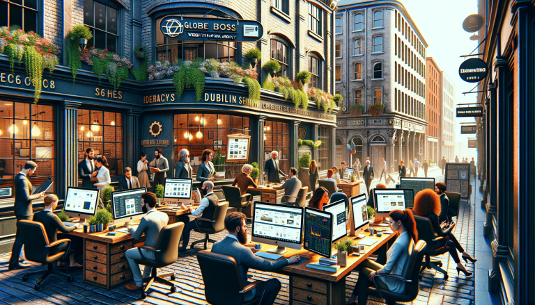 Outdoor office setup on a busy, historic city street.