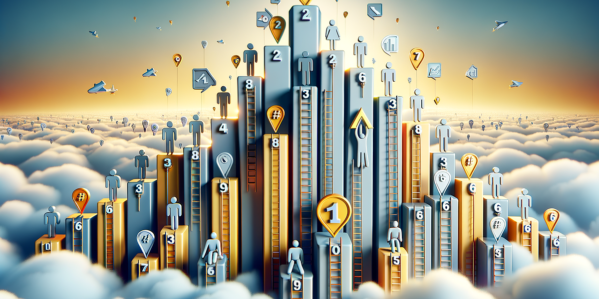 Silhouettes climbing ladders into cloud-filled sky.