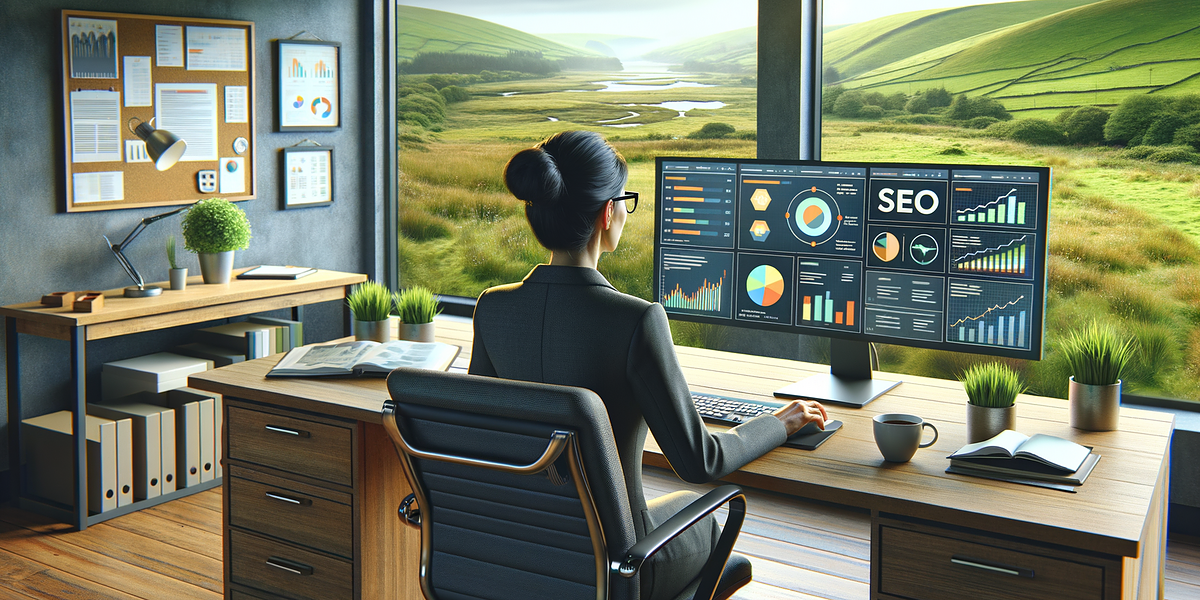 Woman analysing SEO metrics on computer.