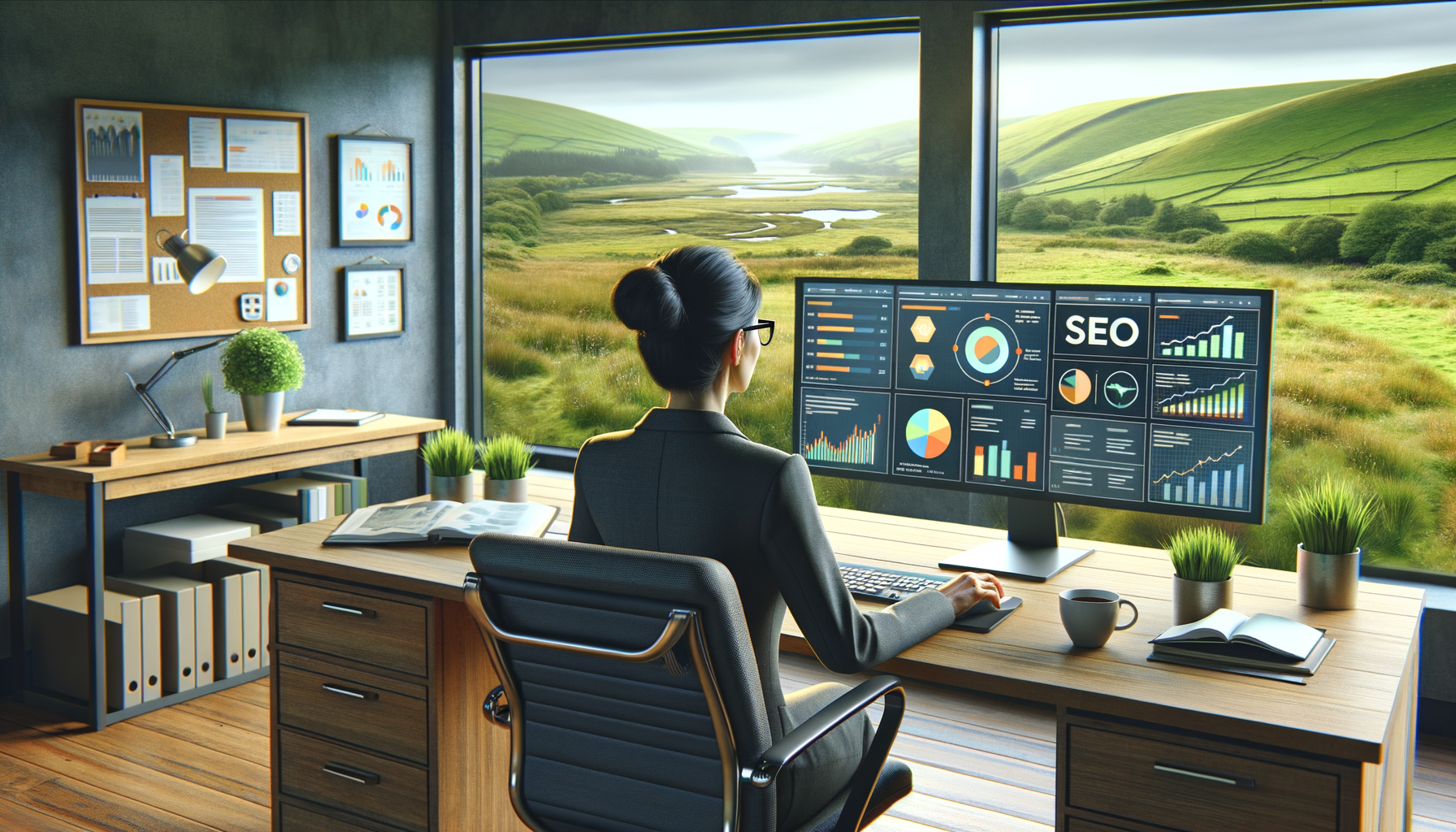 Woman analysing SEO metrics on computer.