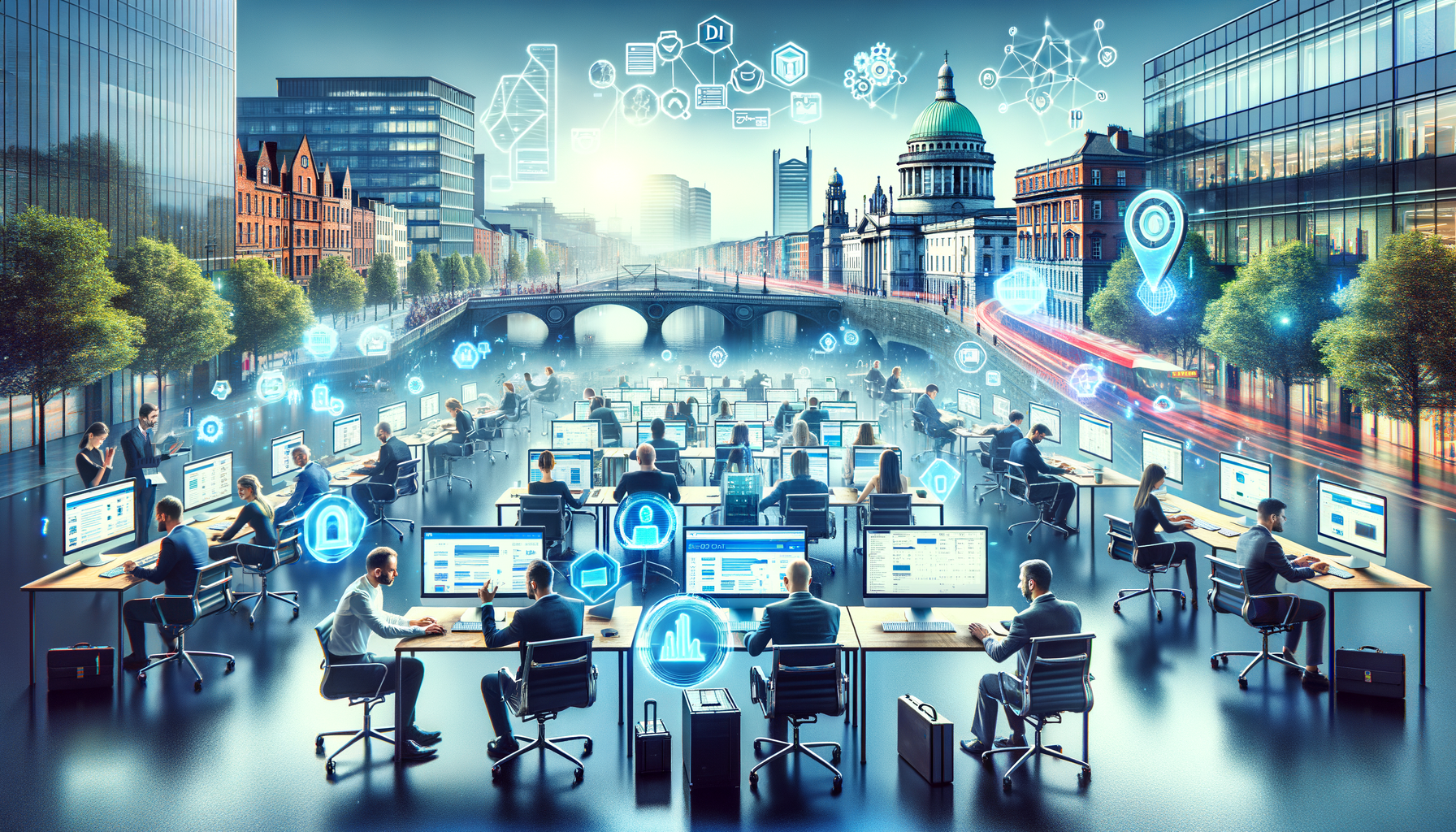 Futuristic office with digital holograms in urban cityscape.