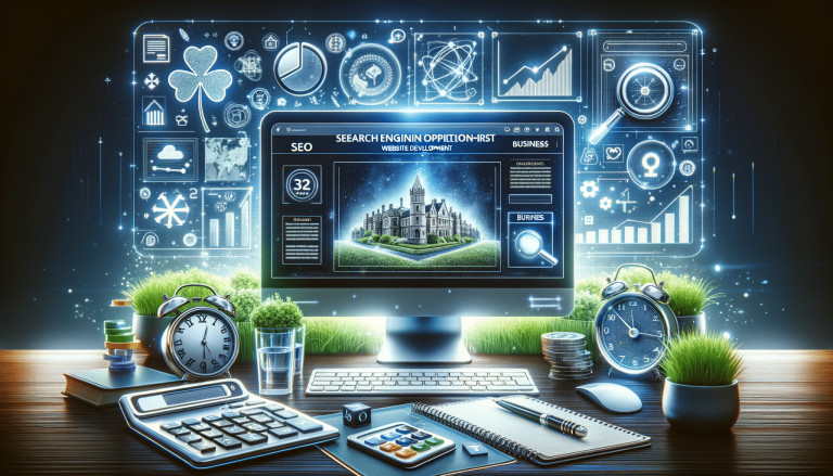 Glowing desktop interface for SEO, website development, and business analytics.