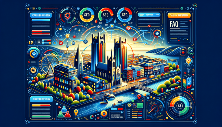 Colourful smart city infographic with data visualisations and UI elements.