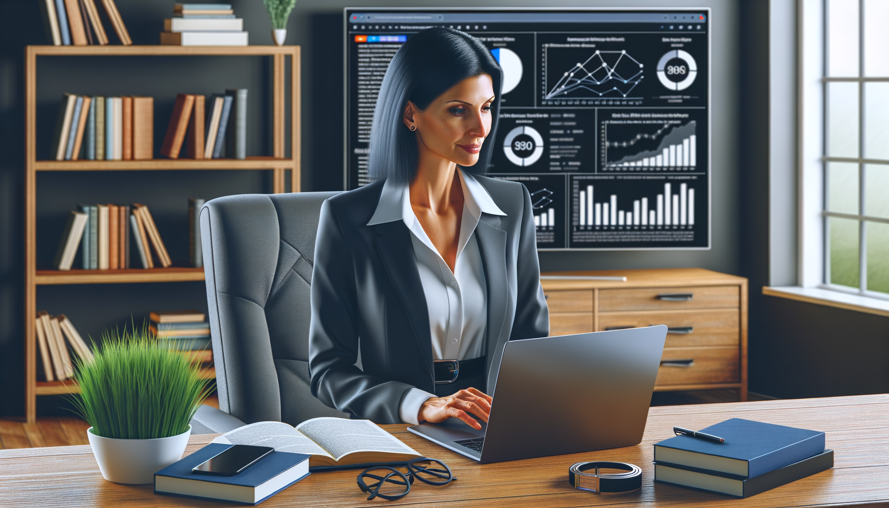 Businesswoman analysing data on laptop in office