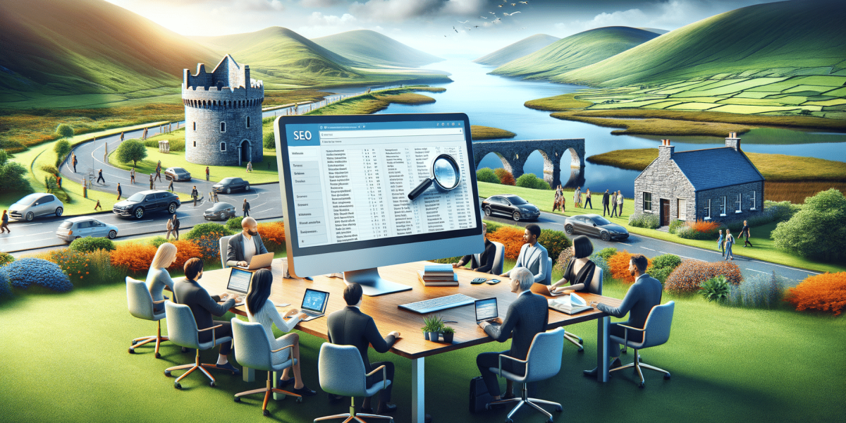 SEO strategy meeting with large monitor in scenic landscape.